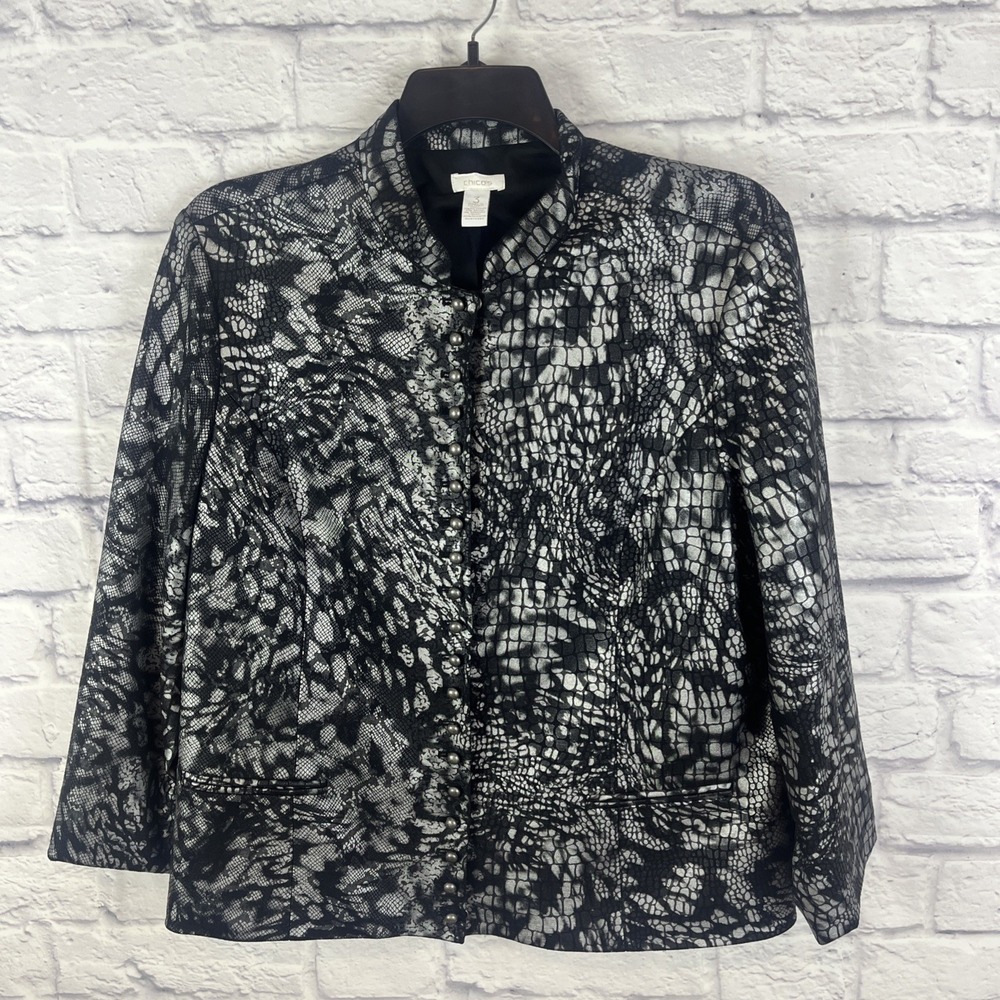 Chico's Glam Old Money Silver Black Multi Print Evening Jacket Size 3/XL